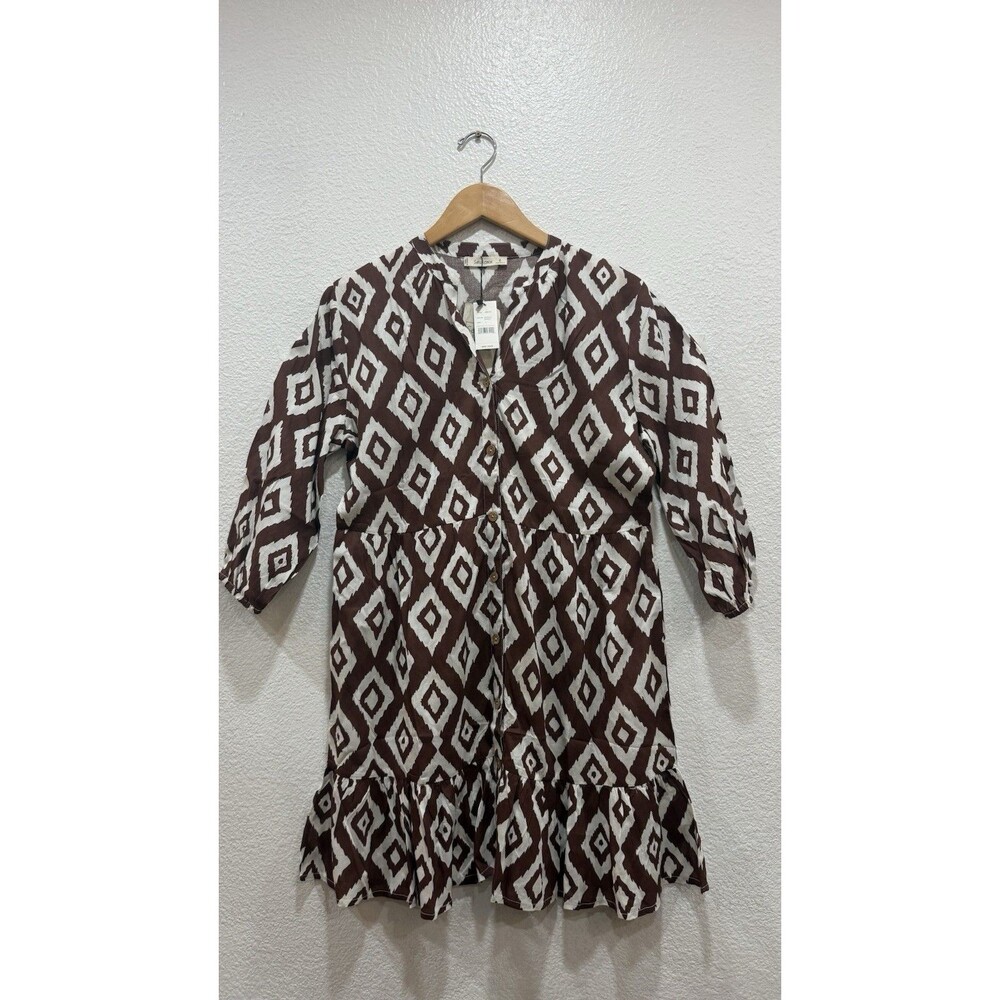 Salt & Lemon Women’s Dress Size S Espresso Diamond Print Button Front Ruffle NWT